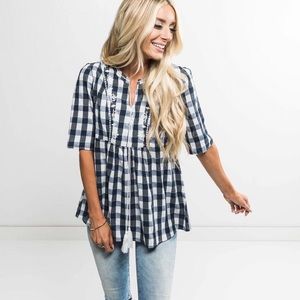 Blue and white plaid top
